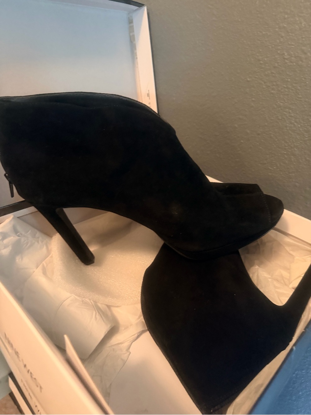 Black Suede Peep-Toe High Heel Booties